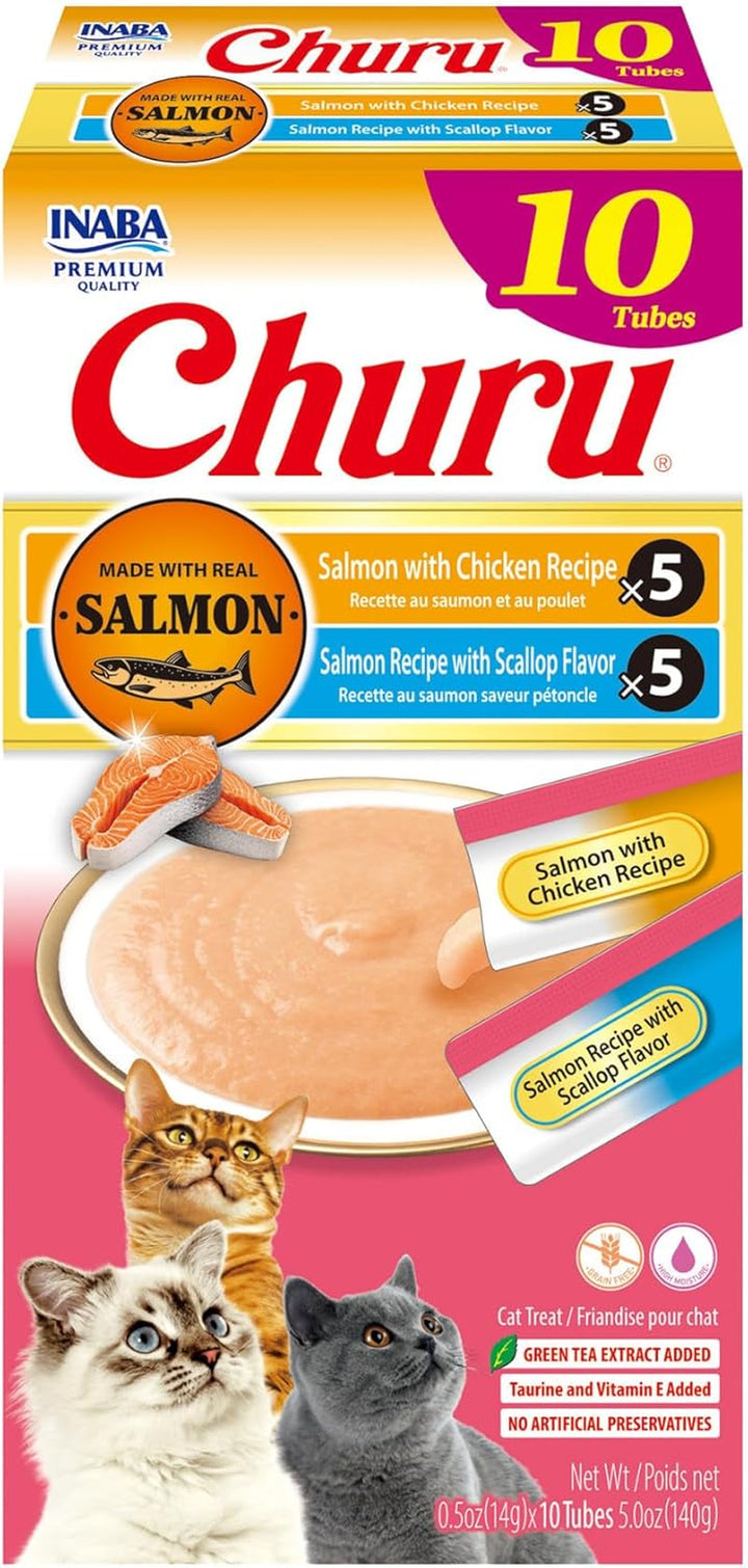 Salmon Churu Cat Treats, Lickable, Squeezable Creamy Purée Cat Treat with Green Tea Extract & Taurine, 0.5 Ounces Each Tube, 40 Tubes, Salmon Variety Box