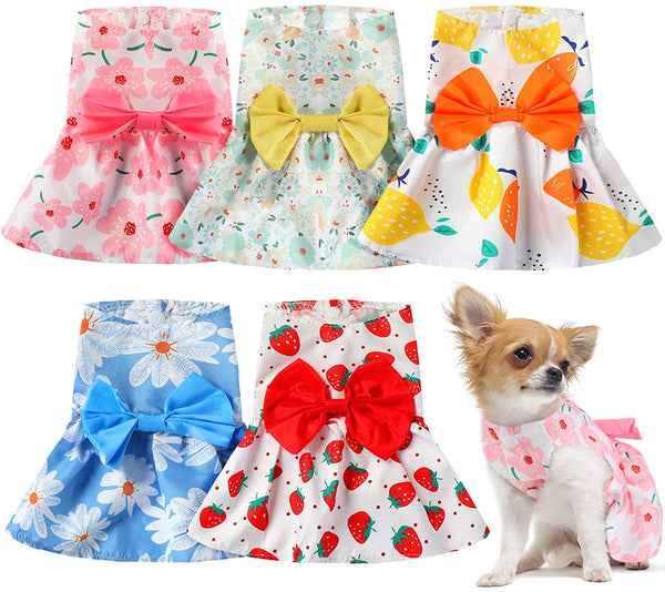 5 Pieces Dog Clothes Girl Dog Dresses Floral Puppy Dresses Pet Cat Princess Bowknot Clothes Cute Puppy Summer Outfits for Yorkie Female Cat Pets, 5 Styles(Cute Style,Small)