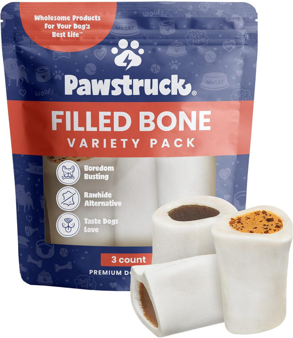 Small 3” Filled Dog Bones Variety Pack - Peanut Butter, Cheese & Bacon, Beef Flavors - Made in USA Long Lasting Stuffed Femur Treat for Aggressive Chewers - Pack of 3 - Packaging May Vary