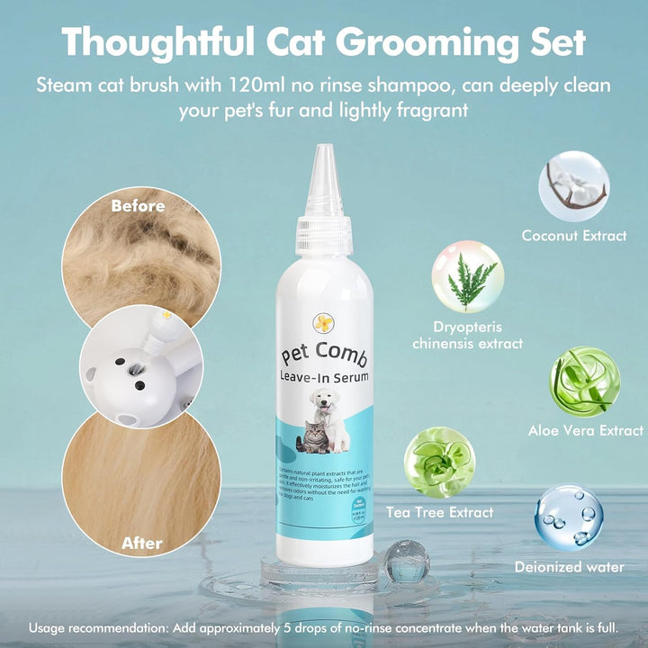 4 in 1 Pet Steam Brush for Cat & Dog, Cat Steam Brush for Indoor Cats, Self Cleaning Shedding & Grooming Tool with Waterless Shampoo, Pet Spray Hair Removal Comb with Release Button & Water Tank