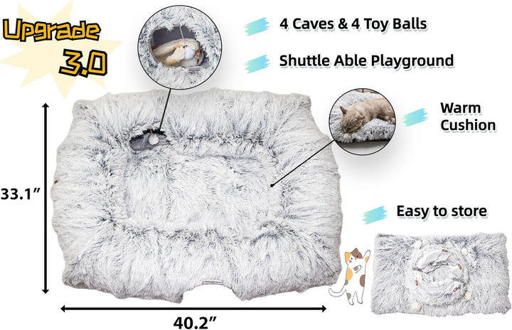 4 Cave Shuttled XL Cat Tunnel Bed for Indoor Cats Peekaboo Toy Donut with Warm Mat