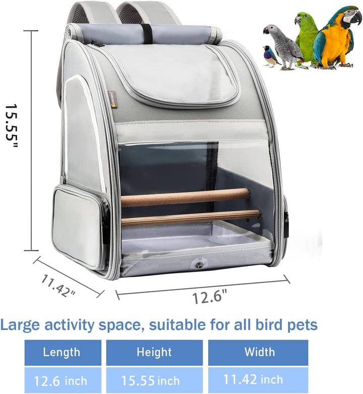 Bird Carrier Backpack - Pet Travel Cage with Upgraded Tray and Standing Perches, Breathable & Portable, for Small Birds, Green Cheek, Cockatiel, Parrot (Grey)