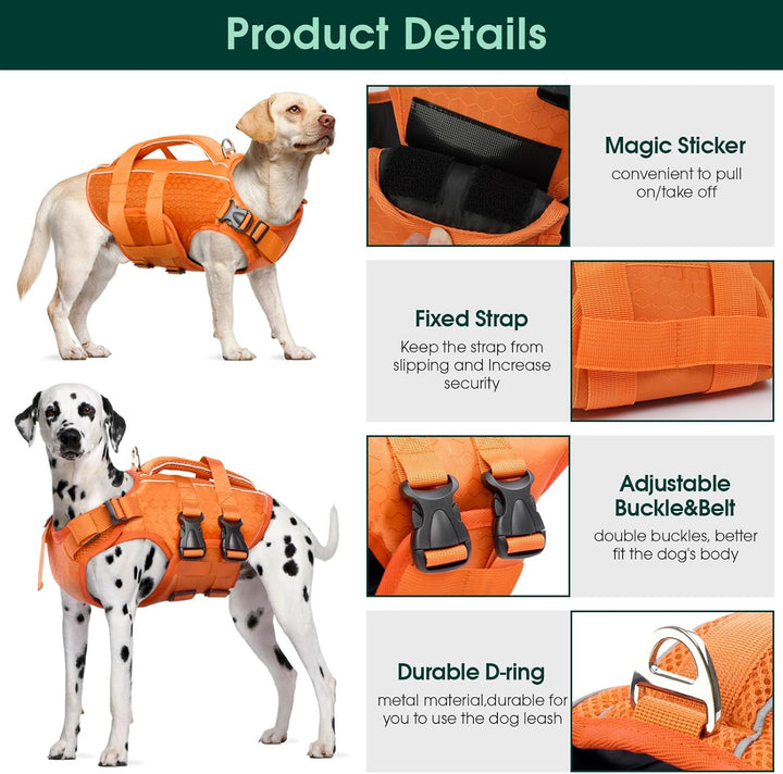 Dog Life Jacket High Flotation, Reflective Dogs Life Vest for Swimming Boating, Adjustable Small Medium Large Dog Lifejacket, Lightweight Dogs Life Preserver Rescue Handle Spring Summer Pool