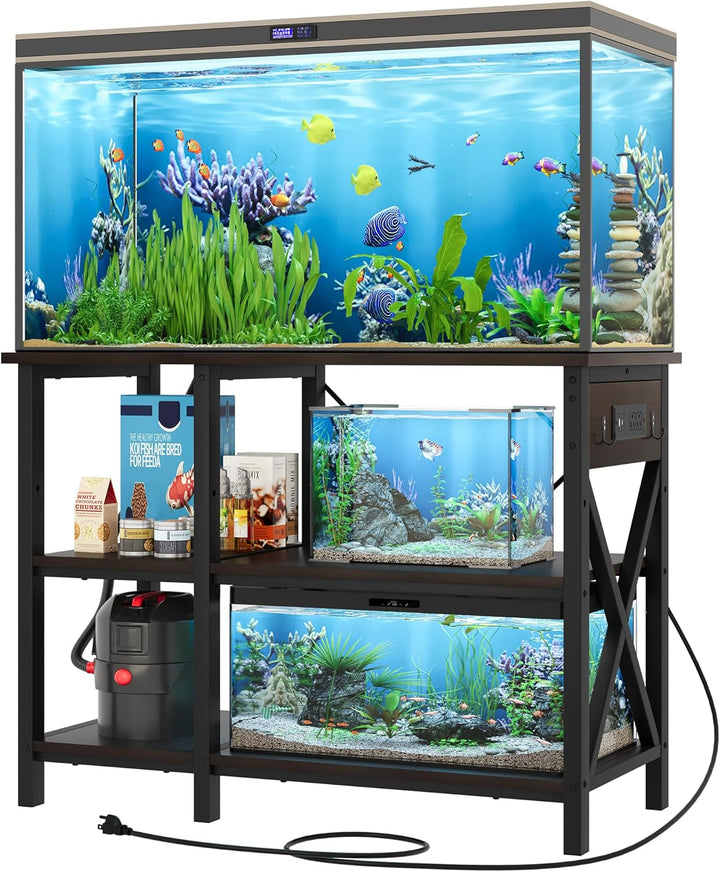 40-50 Gallon Fish Tank Stand with Power Outlet, 40X18 Inch Metal Aquarium Stand with 3-Tier Adjustable Storage Shelves and Hooks, 700LBS Capacity, Black
