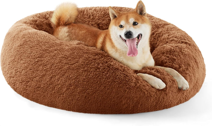 Calming Dog Bed Medium Size Dog - Donut Washable Medium Pet Bed, 30 Inches Anti-Slip round Fluffy Plush Faux Fur Cat Bed, Fits up to 45 Lbs Pets, Camel