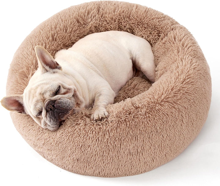 Calming Dog Bed Medium Size Dog - Donut Washable Medium Pet Bed, 30 Inches Anti-Slip round Fluffy Plush Faux Fur Cat Bed, Fits up to 45 Lbs Pets, Camel