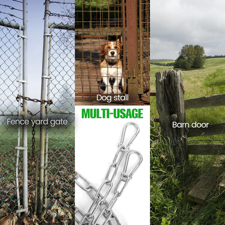 2 Pack Outdoor Gate Chain Lock with 4 Carabiners, Adjustable 5/32 X 28 Inch Security Gate Latch Chain, One Handed Operate Gate Chain for Fence Garden Yard Farm Barn, Silver