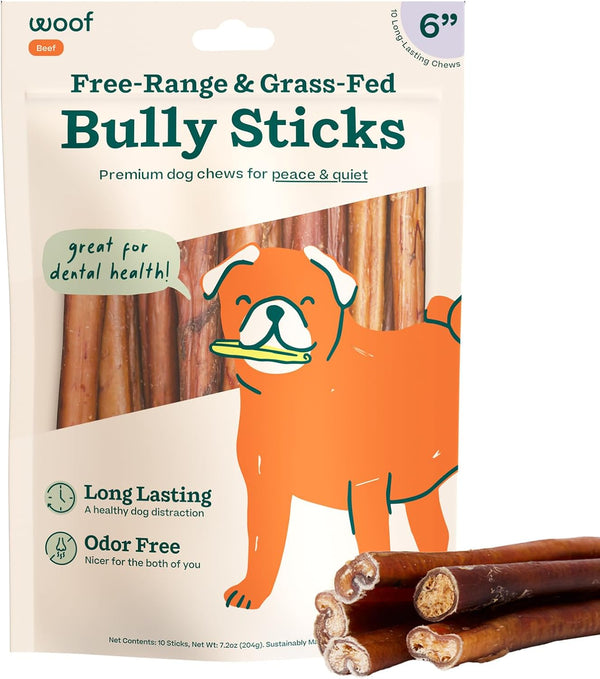 Bully Sticks Dog Treats - Chew Sticks for Dogs - Long-Lasting Dog Chew Treats - Made with Free-Range, Grass-Fed Beef - 6" Sticks - 10Pk