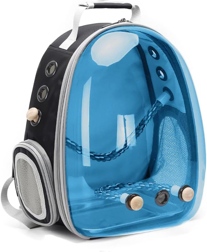 Bird Traval Carrier Cage, Clear Space Capsule Astronaut Backpack to Carry Parakeet Cockatiel Parrot with Metal Tray Wood Perch, Vet Transport School Bag