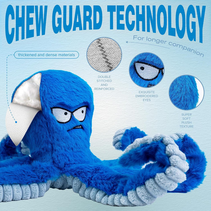 Tough Dog Toys, Stuffed Chew Large Dog Toys to Keep Them Busy, Interactive Squeaky Tug of War Doggie Toy, Crinkle Blue Octopus