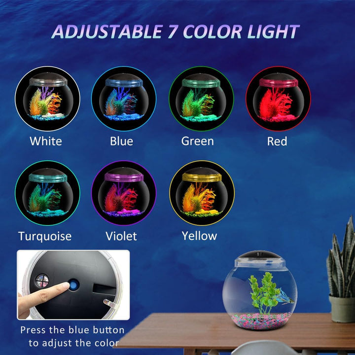 1-Gallon Globe Fish Bowl, Impact- Resistant Plastic Aquarium Starter Kit with LED Lighting, Built-In Timer, Crystal-Clear Clarity, Desktop Fish Tank for Home Décor