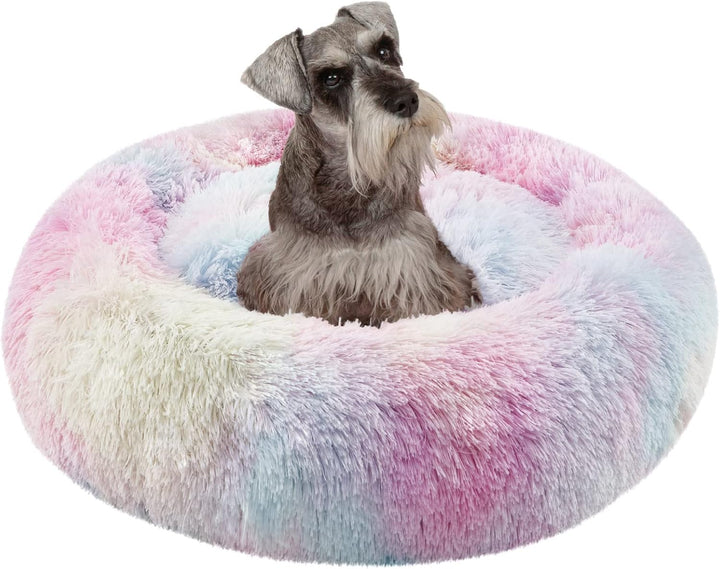 Donut Dog Bed Faux Fur Fluffy Calming Sofa for Medium Dogs, Soft & Plush anti Anxiety Pet Couch for Dogs, Machine Washable Coco Pet Bed with Non-Slip Bottom, 30"X30"X7" Ivory