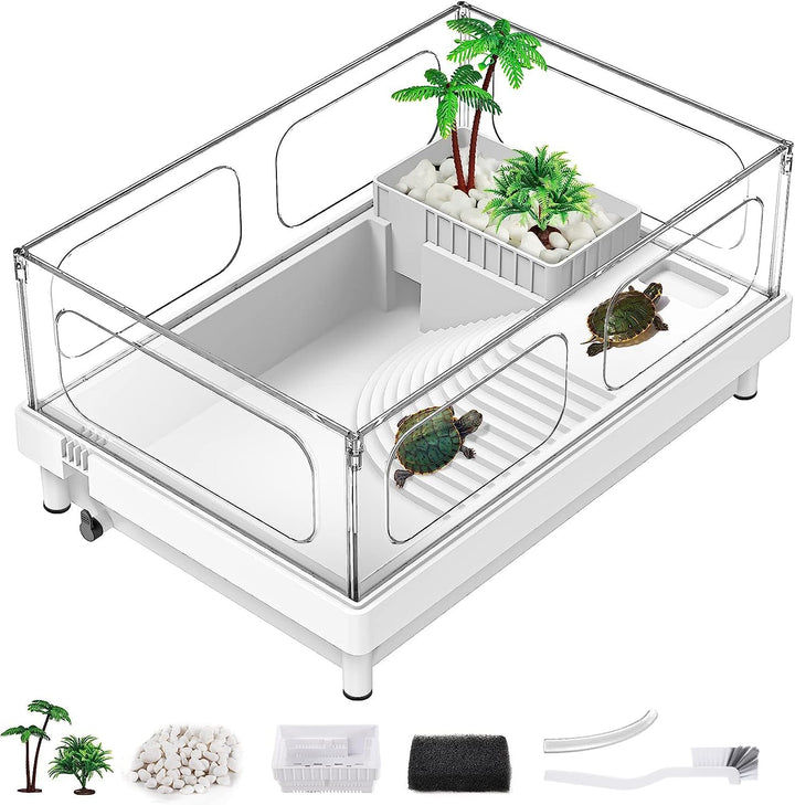 Small Turtle Tank Kit(Tank+Light+Filter), Acrylic Turtle Tank Starter Kit with Bask Platform, Bottom Drain, Multi-Function Area for Small Reptiles.(White)