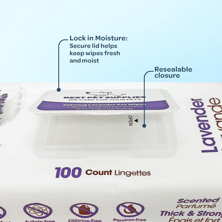 Pet Wipes for Dogs - Dog Wipes Cleaning Deodorizing, for Coats, Ears, Paws - Calming Lavender, Aloe Vera, 100 Count