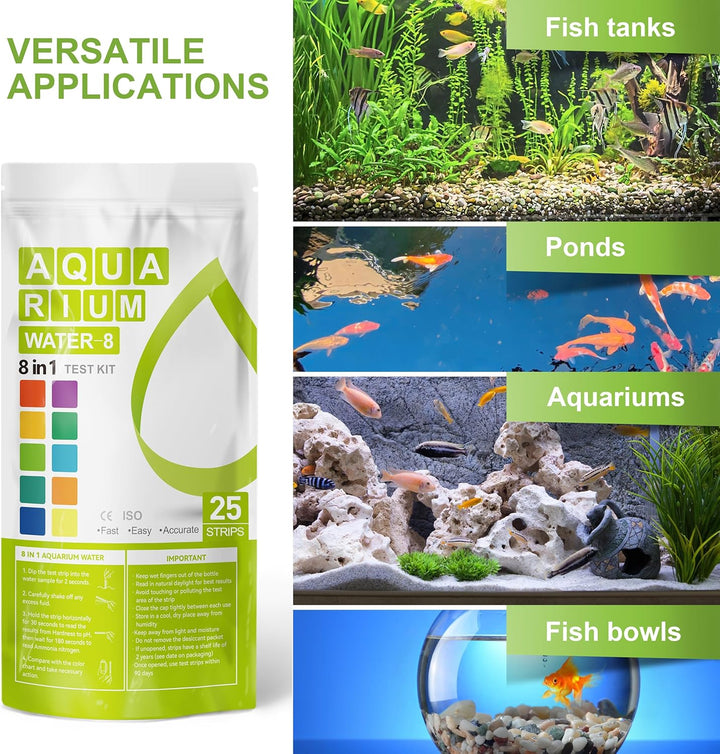 Aquarium Ammonia Test Strips 8-In-1 |25 Strips | Quick & Accurate Water Testing Test Ph, Carbonate, Alkalinity, Hardness, Chlorine, Nitrite, Etc. (K02-25)