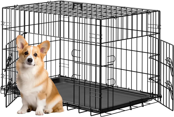 Dog Crate for Small Dogs 24 Inch Folding Metal Wirepet Cage Double Door W/Divider Panel Indoor Outdoor Kennel Leak-Proof Plastic Tray,Black
