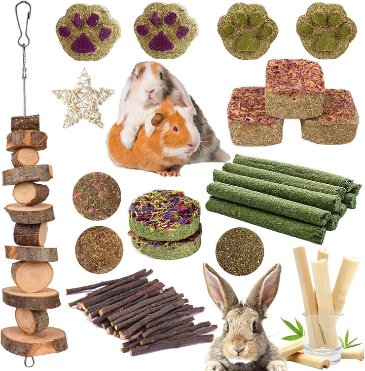 20 PCS Bunny Chew Toys for Teeth, Natural Rabbit Toys Apple Wood Grass Timothy Sticks Chew and Treat for Guinea Pigs Hamster Chinchillas