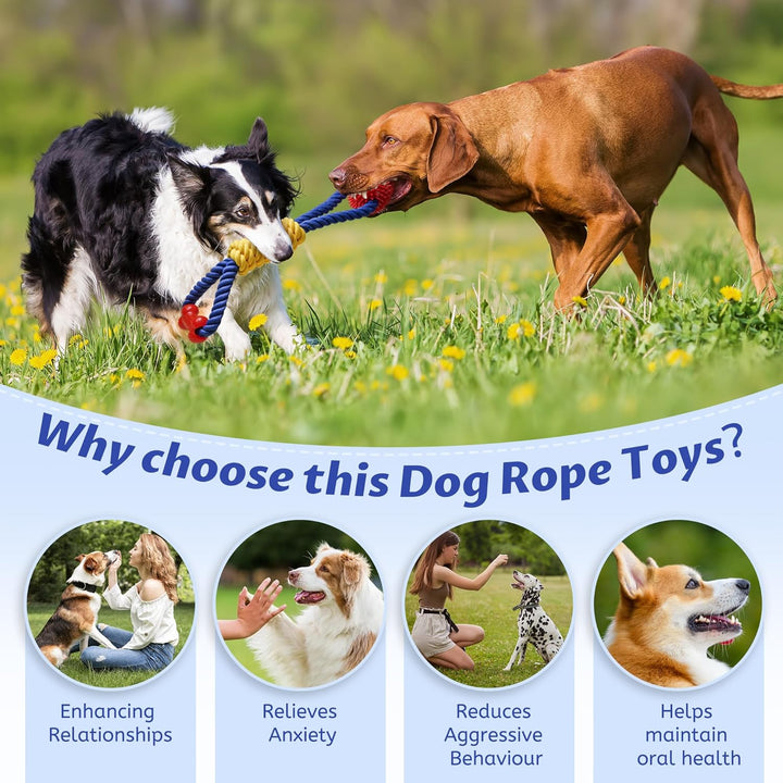 Interactive Dog Rope Toys Tug of War, Tough Dog Toys for Large, Medium & Small Dogs, 100% Cotton Chew Toys for Boredom, Pull Ball Rope Teeth Cleaning