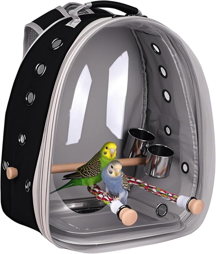 Bird Traval Carrier Cage, Clear Space Capsule Astronaut Backpack to Carry Parakeet Cockatiel Parrot with Metal Tray Wood Perch, Vet Transport School Bag