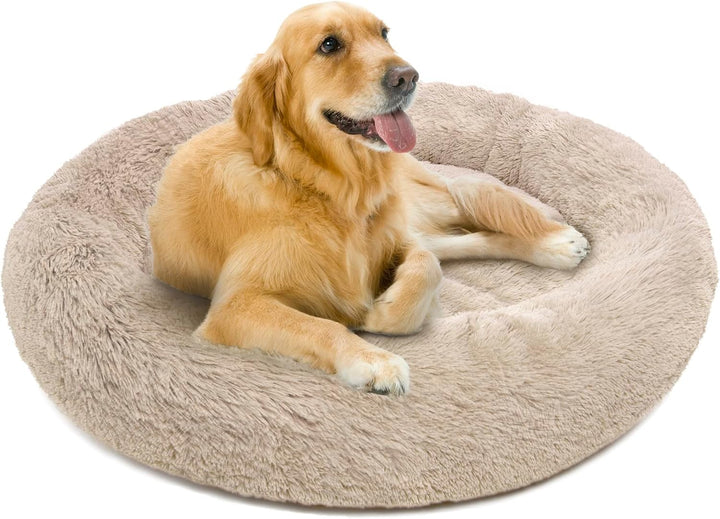 Donut Dog Bed Faux Fur Fluffy Calming Sofa for Medium Dogs, Soft & Plush anti Anxiety Pet Couch for Dogs, Machine Washable Coco Pet Bed with Non-Slip Bottom, 30"X30"X7" Ivory