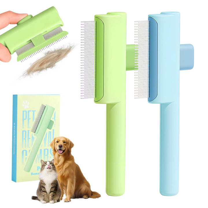 Pet Hair Removal Comb Flea Combs for Cats and Dogs, Pet Flea Comb Grooming Brush with One-Click Release Button, Dog Cat Deshedding Brush for Short & Long Hair (Blue & Green)