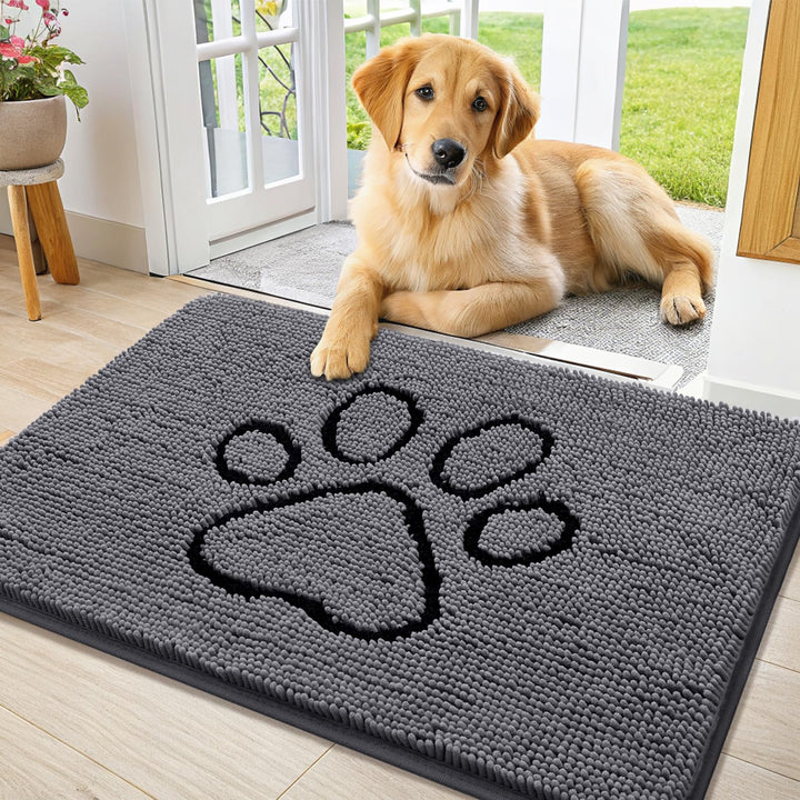 Dog Door Mat for Muddy Paws, Absorbent Dirt Trapper Non Slip Quick Dry Washable Chenille Mat for Mud Dogs, Entry Rug for Indoor and Outdoor (30X20 Inches, Grey)