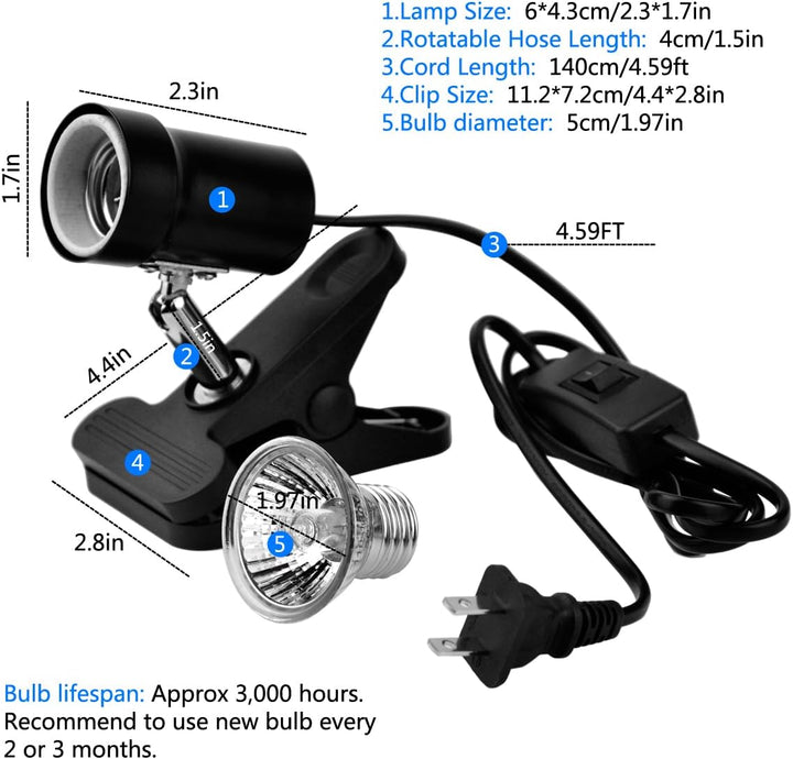 Reptile Heat Lamp with 50W UVA UVB Light Bulb, Basking Spot Light Simulated Sunlight, Heating Lamp for Turtle, Lizard, Snake, Beared Dragon, Amphibians