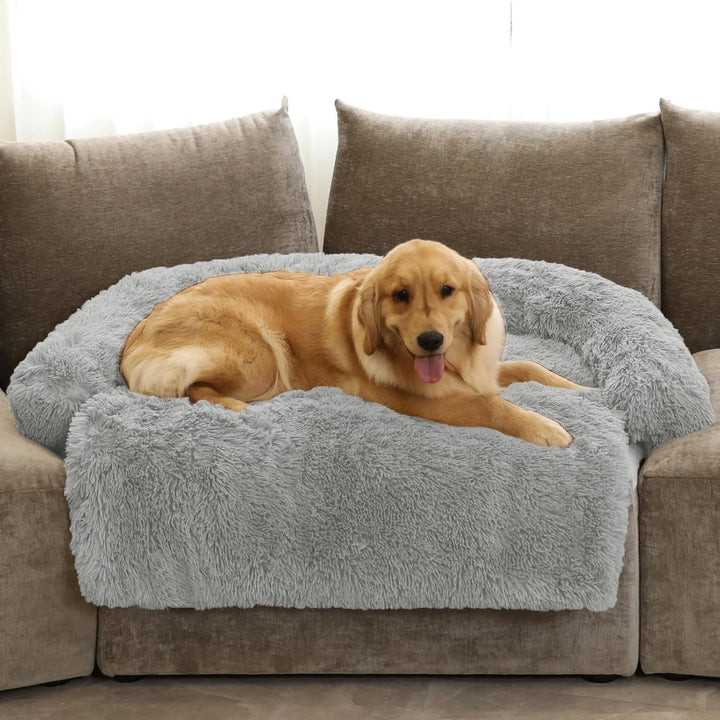Calming Dog Bed Fluffy Plush Dog Mat for Furniture Protector with Removable Washable Cover for Large Medium Small Dogs and Cats (Large, Light Grey)