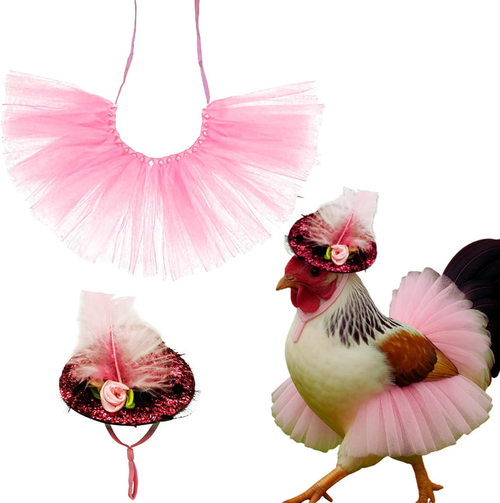 Chicken Tutus for Hens and Hat Clothes Costume, Cute Feather Chicken Hat, Clothing for Chickens, Feather Skirt Tutu Dress Outfit for Hen, Hens and Chickens Accessories (Pink, L)