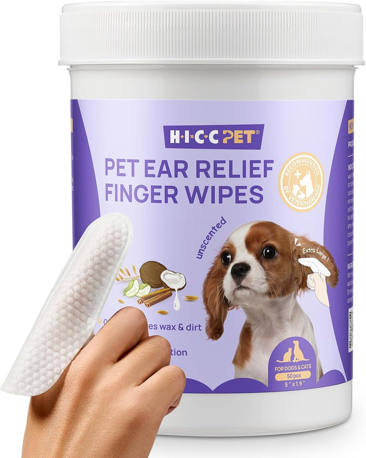 Dog Ear Finger Wipes, Ear Cleaner Wipes for Dogs & Cats, Dog Ear Infection Treatment to Relief Itching & Inflammation, Remove Wax, Dirt & Stop Smelly, Non-Irritating, 50Ct(Coconut Scent)