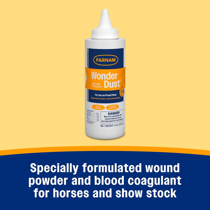 Wonder Dust Wound Powder, Blood Coagulant for Horses and Show Stock, for Use on Proud Flesh, Granulated Tissue, 4 Ounces