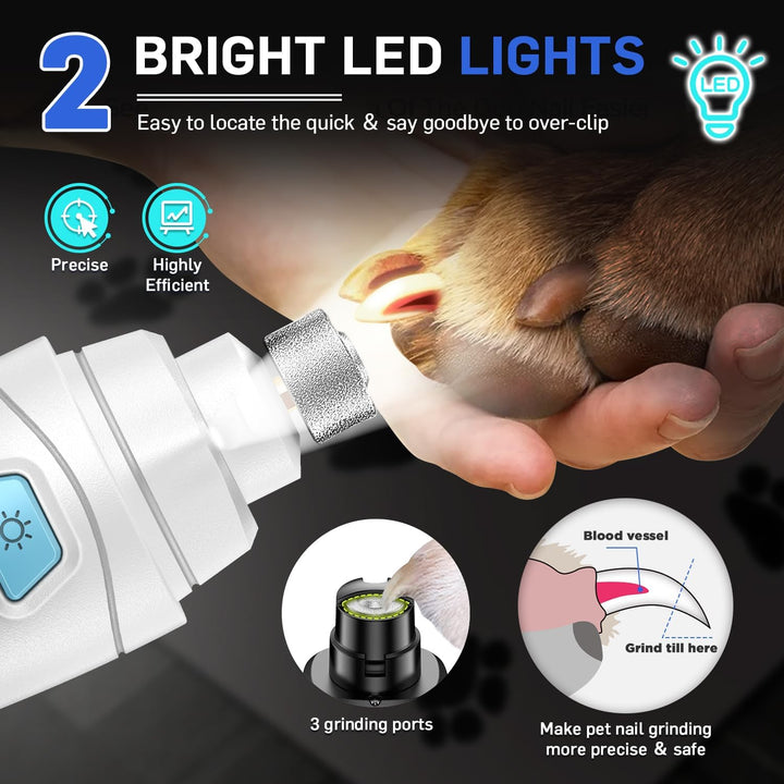 Dog Nail Grinder & Clipper 2-In-1 Set - 25Db Ultra Quiet with 3 Grinding Wheels & 2 LED Lights, Rechargeable for Large/Puppy Dogs & Cats, 3-Speed Adjustable for Anxious Pets