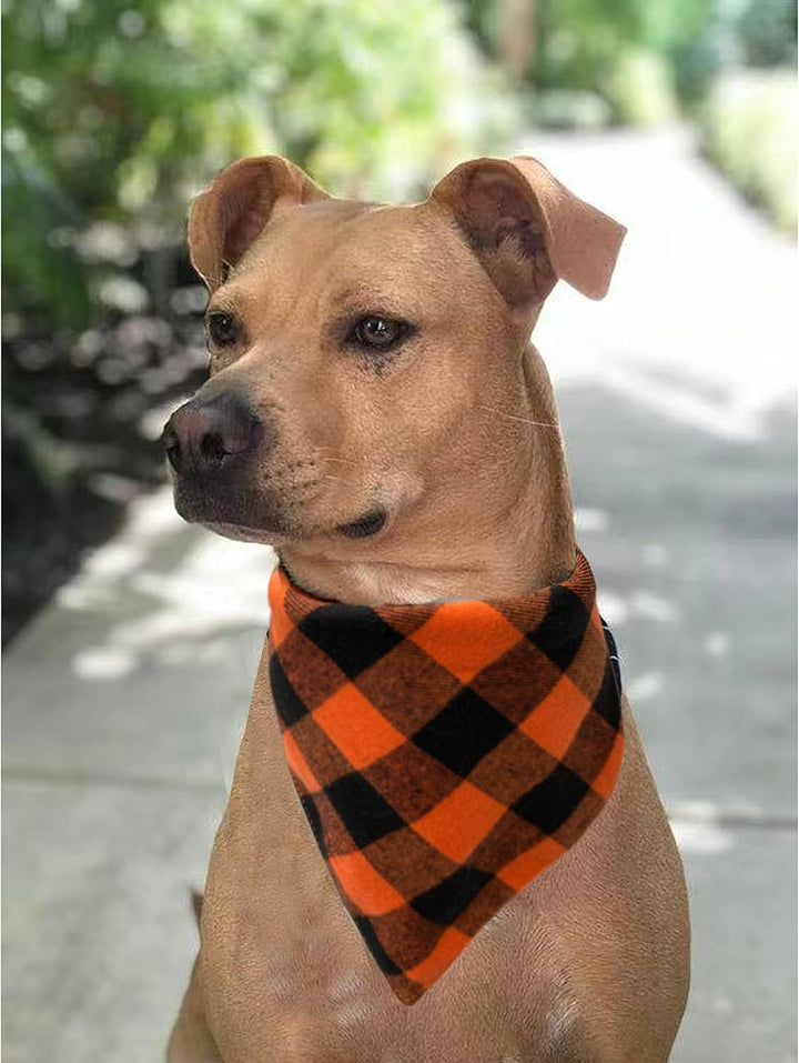Fall Halloween Dog Bandanas 2 Pack, Orange Plaid Pet Scarf for Boy and Girl, Premium Durable Fabric, Holiday Thanksgiving Bandana for Medium and Large Dogs (Large)