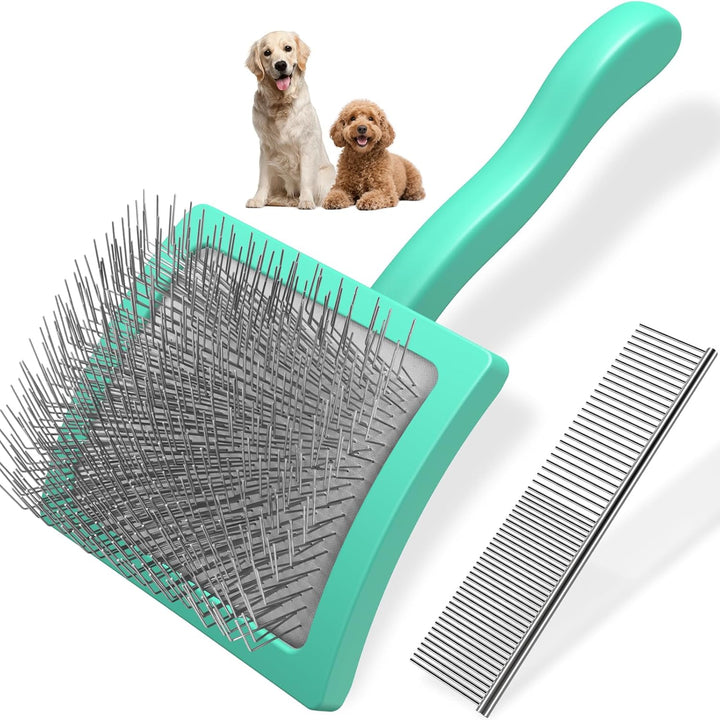 2PCS Slicker Brush for Dogs & Pet Comb,Professional Dog Grooming Brush (Goldendoodles,Poodles,Labradoodles) with Extra Long Pins to Effectively Remove Tangles, Knots and Mats (Blue Large)