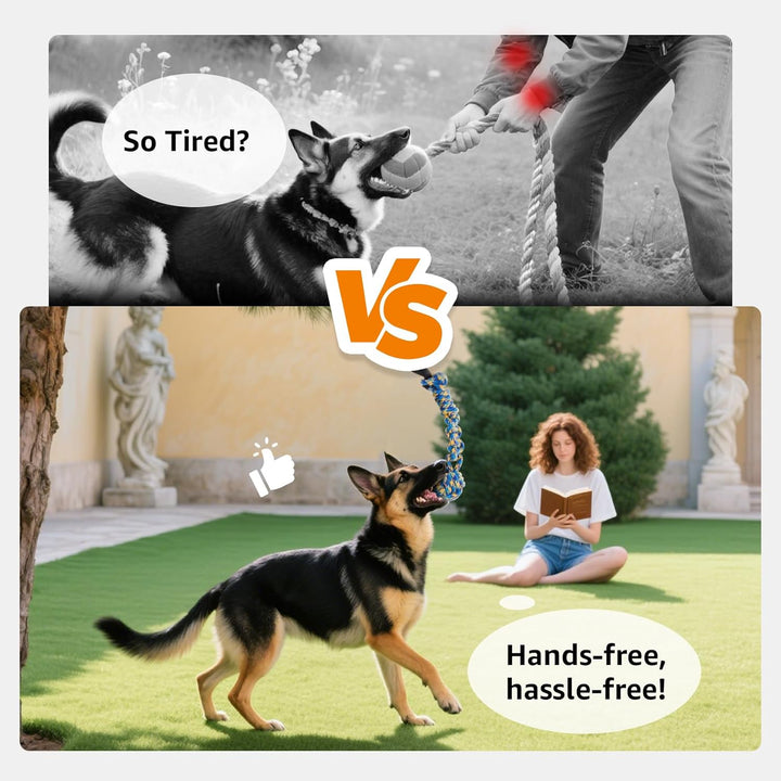 Outdoor Bungee Tug Toy, Dog Toy Hanging from Tree for Small to Large Dogs, Interactive Exercise Play Cord & Tether with Chew Rope Toy (Tree Stump Tug of War-Black)