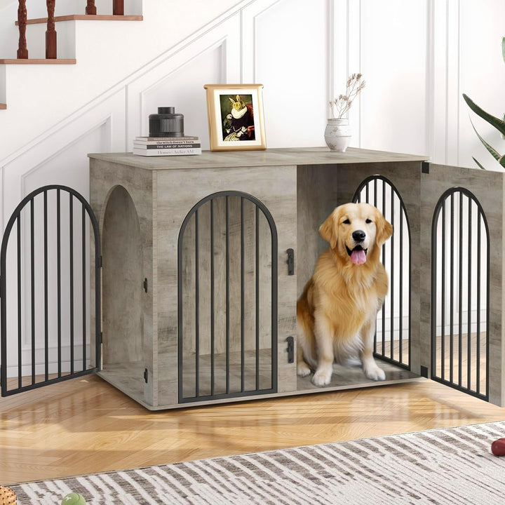31.5'' Wooden Dog Crate Furniture, Indoor Dog Kennel Dogs Cage for Small/Medium Dogs, Heavy Duty Dog Crates Decorative Pet House End Side Table TV Stand, White Brown DFC85114B
