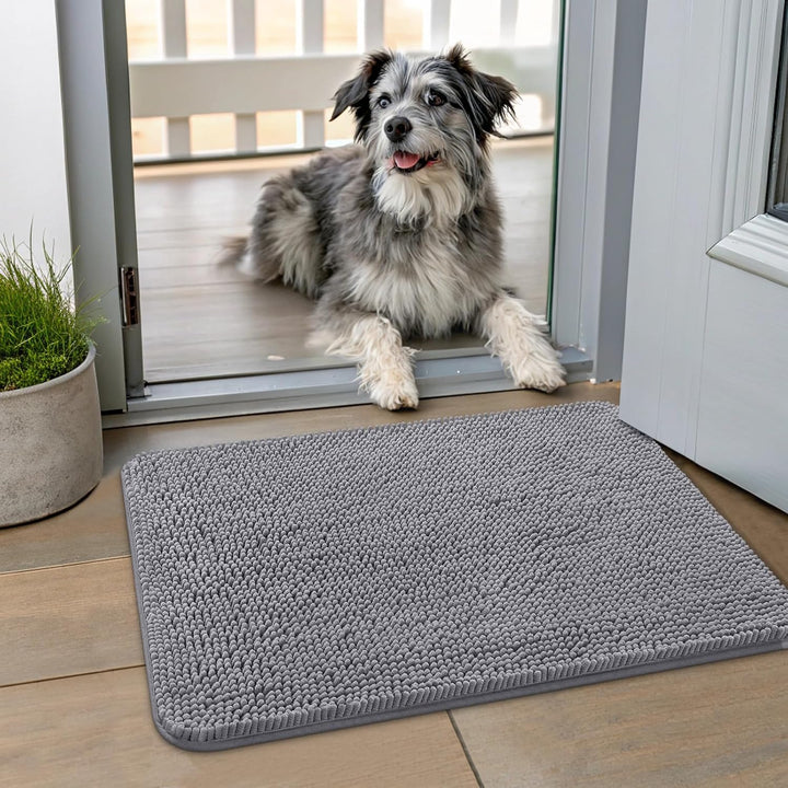 Dog Door Mat for Muddy Paws 30X20, Absorbs Moisture and Dirt Doormat, Non-Slip Washable Quick Dry Chenille Front Door Mat Indoor Entrance, Entryway Carpet for inside Floor, Grey