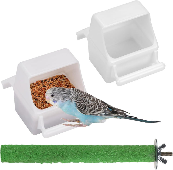 2 Pack Clear Water Bowl and Food Container - Bird Cage Feeder with Perch for Parakeets - No Mess Design