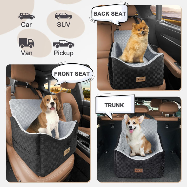 Elevated Dog Car Seat for Small/Medium Dogs up to 35 Lbs, Memory Foam Pet Booster Seat with Detachable Washable Cover, Portable Travel-Safe Bed for Cars with Safety Belts and Storage Pockets