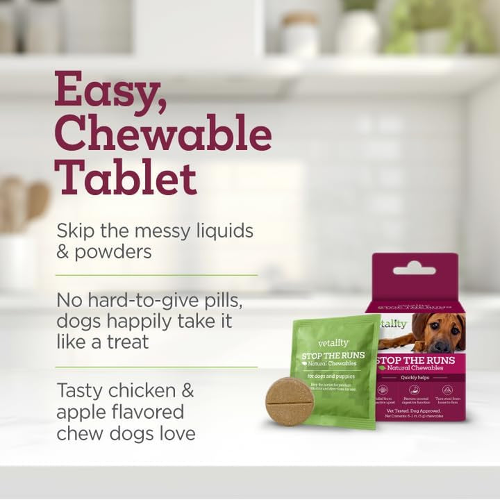 Stop the Runs | Dog anti Diarrhea Medicine | 6 Count Chewable | Chicken Flavor