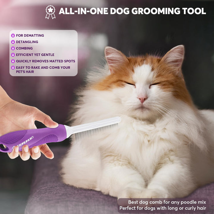 Grooming Comb for Dogs and Cats with Matted Hair, Detangling Pet Comb with Long and Short Stainless Steel Metal Fine Teeth for Removing Mats, Tangles, Knots & Loose Fur from the Undercoat