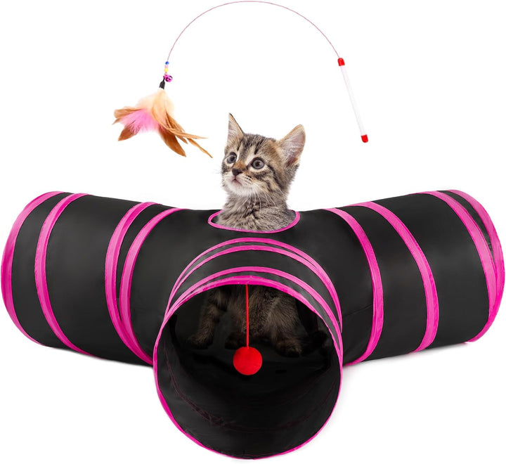 Cat Tunnel Tube Toys 3 Way Collapsible, Cat Tunnels for Indoor Cats，Kitten Tunnel Bored Pet Play Tunnel with Peek Hole Toy Ball for Kitty, Kitten, Rabbit, Puppy Blue