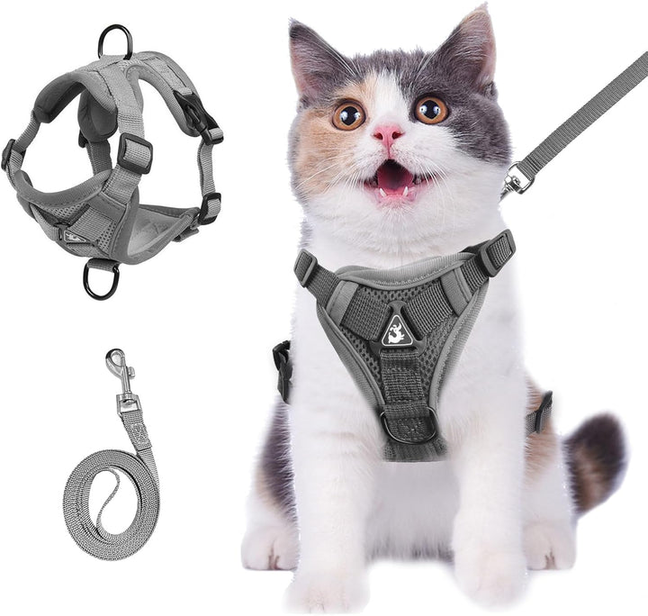 Cat Chest Harness and Leash, Anti-Escape Adjustable Soft Mesh Cat Leash and Chest Harness Set for All Types of Cats Cat Vests (Grey, 11.02-16.5Lb)