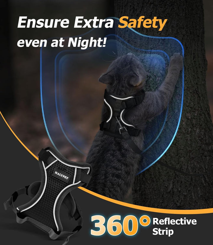 Cat Harness and Leash Set - MAX Safety 4Th-Gen Upgrade, Escape Proof, Adjustable, Comfortable Soft Vest, Easy to Wear Kitten Harness with Reflective Strip for Cats Walking - Small Black