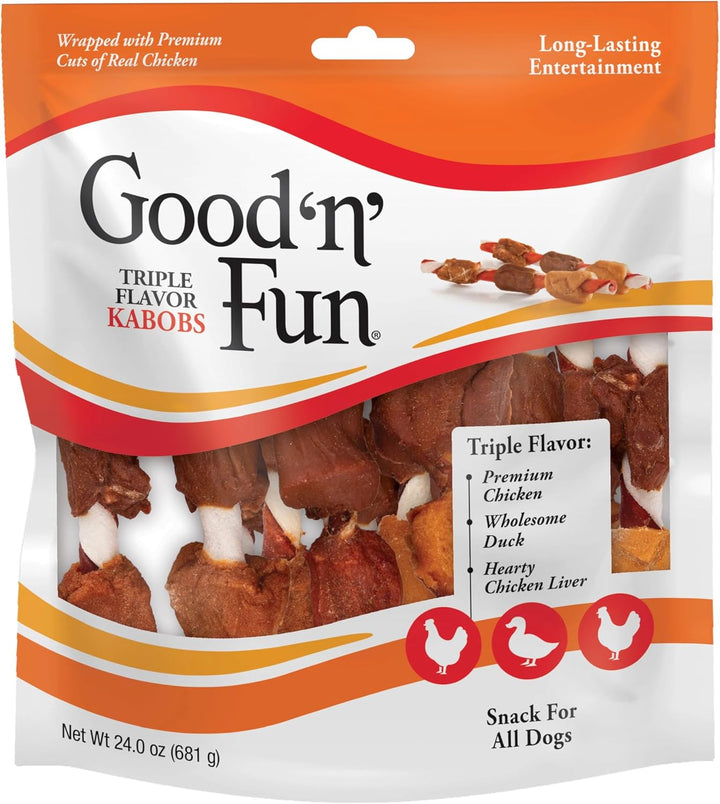 Good ‘N’ Fun Triple Flavor Kabobs Chews for All Dogs, 48 Ounces, Treat Your Dog to Chews Made from Beef Hide, Real Chicken, Pork Hide, Duck and Chicken Liver