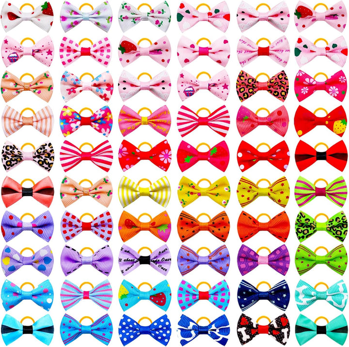 100PCS Cute Puppy Dog Small Bowknot Hair Bows,Yorkie Doggie Bows with Rubber Band Pet Grooming Bows Dog Hair Costume Accessories for Small Dog