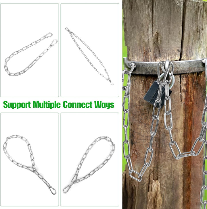 2 Pack Outdoor Gate Chain Lock with 4 Carabiners, Adjustable 5/32 X 28 Inch Security Gate Latch Chain, One Handed Operate Gate Chain for Fence Garden Yard Farm Barn, Silver