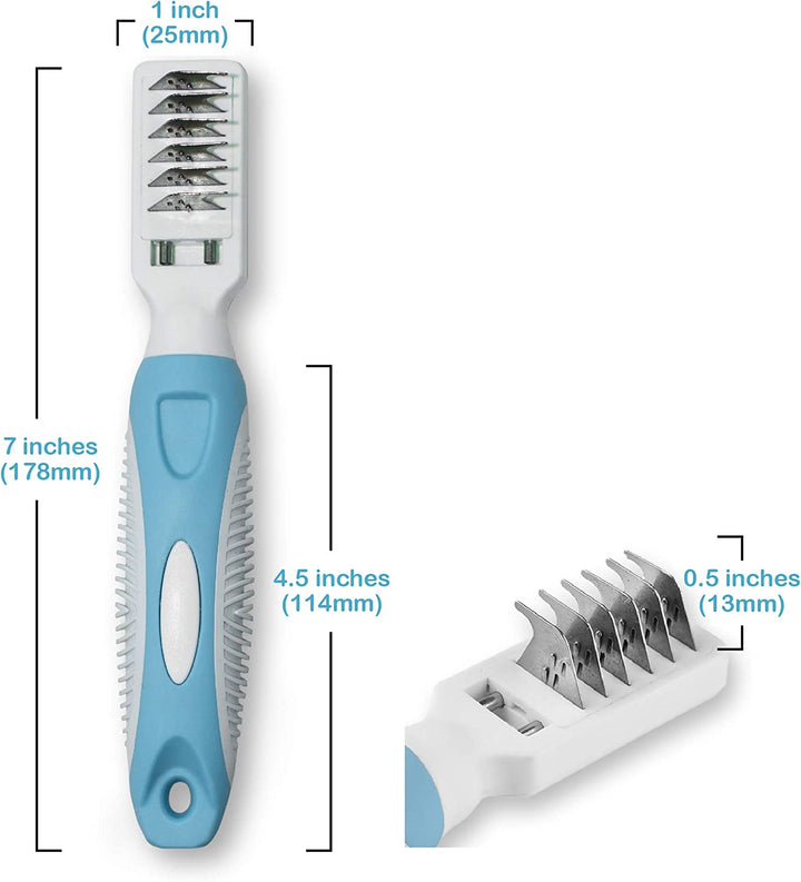 Professional Pet Mat Remover - Dematting Tool for Grooming Cats & Dogs - Removes Matted Fur, Tangles, Knots, Loose Hair & Dirt - Stainless Steel, Gentle Teeth, Soft Comfort Grip Handle,Blue