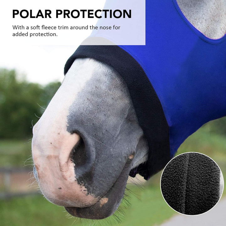 Horse Stretch Hood without Ears Snug Fitting Hood with Zip Closure Covers Face, Shoulders, Mane, Chest and Withers Perfect for Show/Event Preparation - Blue