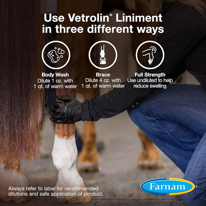 Vetrolin Horse Liniment for Muscle Soreness, Stiffness and Inflammation Relief on Horses, Helps Reduce Swelling, Aids in Pain Relief, 32 Oz.
